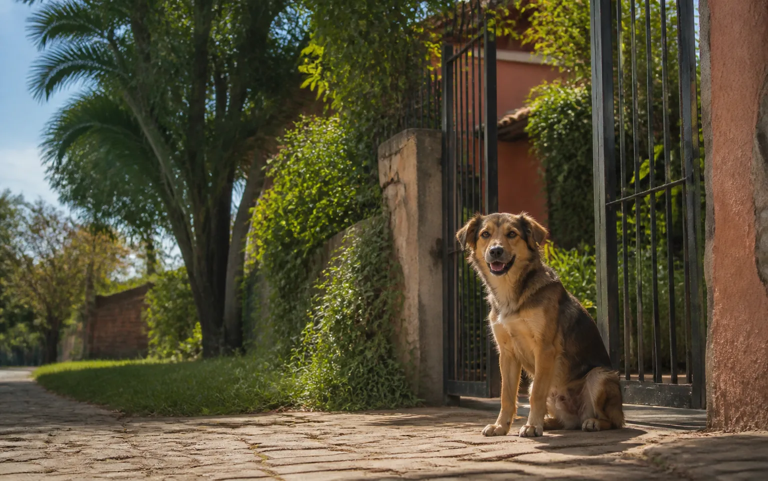 Perro mestizo sentado junto al portón de una casa en un barrio arbolado